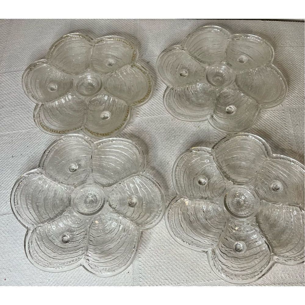 Vintage Set of 4 Glass Footed Oyster Plates – Serving Plates – Kitchen Décor